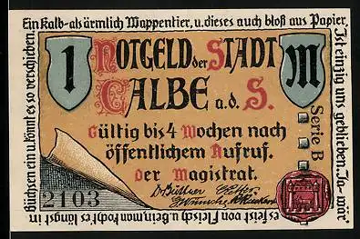 Notgeld Calbe a. d. Saale, 1 Mark, Siegel, Wehr der Saale