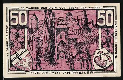 Notgeld Ahrweiler, 50 Pfennig, Stadtansicht mit Wappen, Konrad von Blankart 1561