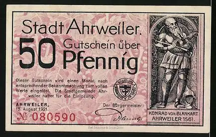 Notgeld Ahrweiler, 50 Pfennig, Stadtansicht mit Wappen, Konrad von Blankart 1561