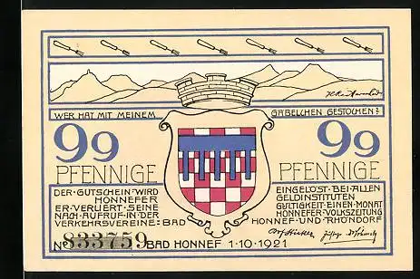 Notgeld Bad Honnef 1921, 99 Pfennig, Wappen, Alte Kapelle und Dorfeingang in Rhöndorf a. Rh.