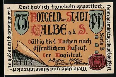 Notgeld Calbe a. d. Saale, 75 Pfennig, Siegel, Sonnenuhr an der Stephani-Kirche
