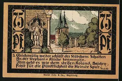 Notgeld Calbe a. d. Saale, 75 Pfennig, Siegel, Sonnenuhr an der Stephani-Kirche