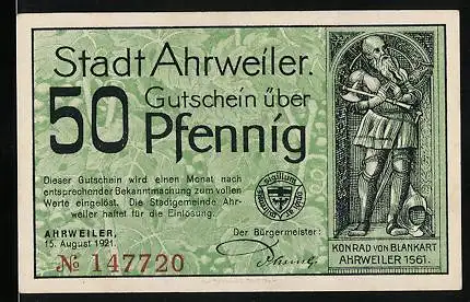 Notgeld Ahrweiler 1921, 50 Pfennig, Konrad von Blankart 1561, Ortsansicht mit Wappen