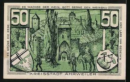 Notgeld Ahrweiler 1921, 50 Pfennig, Konrad von Blankart 1561, Ortsansicht mit Wappen