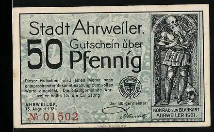 Notgeld Ahrweiler 1921, 50 Pfennig, Konrad von Blankart 1561, Ortsansicht mit Wappen