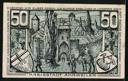 Notgeld Ahrweiler 1921, 50 Pfennig, Konrad von Blankart 1561, Ortsansicht mit Wappen