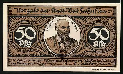 Notgeld Bad Salzuflen 1921, 50 Pfennig, weisse Katze mit Stadtwappen, Portrait Eduard Hoffmann