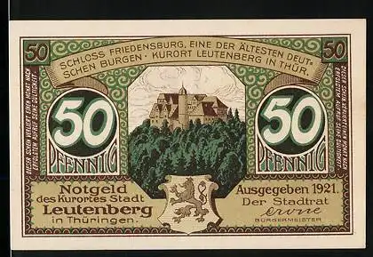 Notgeld Leutenberg in Thüringen 1921, 50 Pfennig, Schloss Friedensburg mit Wappen, Frau in Tracht mit Klössen