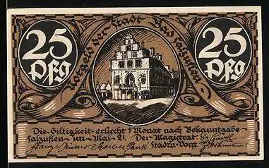 Notgeld Bad Salzuflen 1921, 25 Pfennig, Rathaus und Schmied vor der Stadt