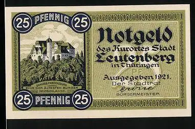 Notgeld Leutenberg in Thüringen 1921, 25 Pfennig, Schloss Friedensburg und Wappen