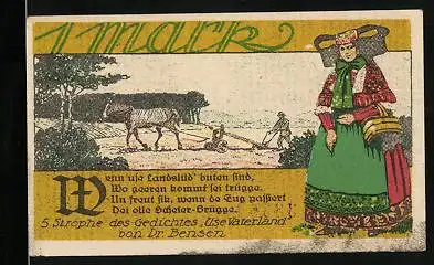 Notgeld Bückeburg 1921, 1 Mark, Frau in Tracht und Bauer hintern Pferdepflug, Jäger Appell