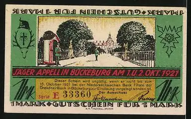 Notgeld Bückeburg 1921, 1 Mark, Frau in Tracht und Bauer hintern Pferdepflug, Jäger Appell