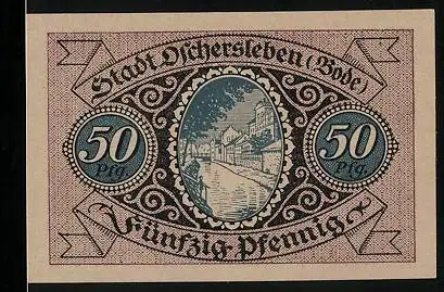 Notgeld Oschersleben (Bode) 1921, 50 Pfennig, Partie an der Bode, Wappen