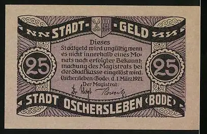 Notgeld Oschersleben (Bode) 1921, 25 Pfennig, Rathaus, Wappen