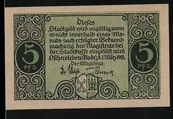 Notgeld Oschersleben (Bode) 1921, 5 Pfennig, Wappen und Ortspartie an der Bode