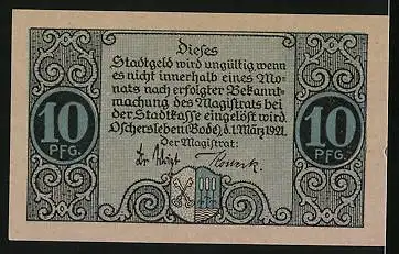 Notgeld Oschersleben (Bode) 1921, 10 Pfennig, Teilansicht, Wappen