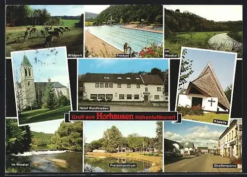 AK Horhausen / Westerwald, Wildpark, Freibad, Kapelle, Hotel Waldfrieden, Kirche