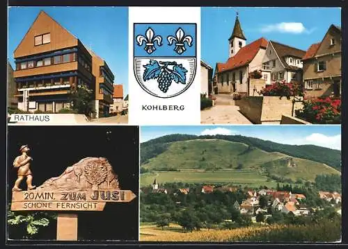 AK Kohlberg / Jusi, Ortsansicht, Rathaus, Kirche und Wappen