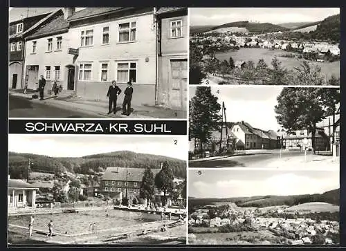 AK Schwarza / Thüringer Wald, Konsum-Gaststätte Thüringer Wald, Schwimmbad, Strassenansicht