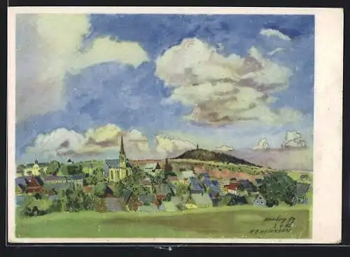 Künstler-AK Altenberg / Erzgebirge, Festpostkarte 500 Jahre, Wiederaufbaukarte 1951, Ortsansicht