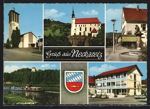 AK Neckarelz, Fünf Ansichten aus dem Ort mit Wappen