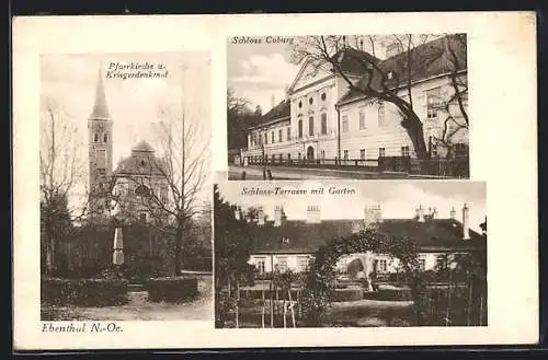 AK Ebenthal, Pfarrkirche und Kriegerdenkmal, Schloss Coburg, Schloss-Terrasse mit Garten