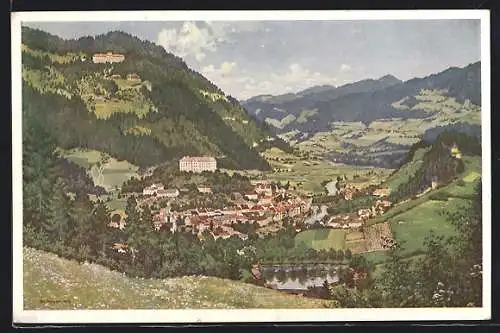 Künstler-AK Murau, Totale mit Landessonnenheilstätten Stolzalpe