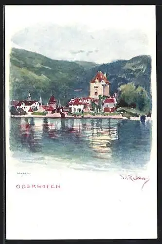 Künstler-AK Oberhofen, Ortsansicht vom See aus