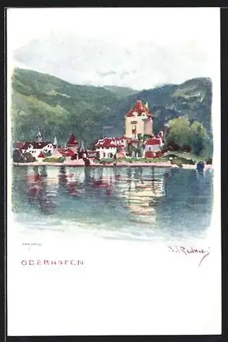 Künstler-AK Oberhofen, Ortsansicht vom See aus