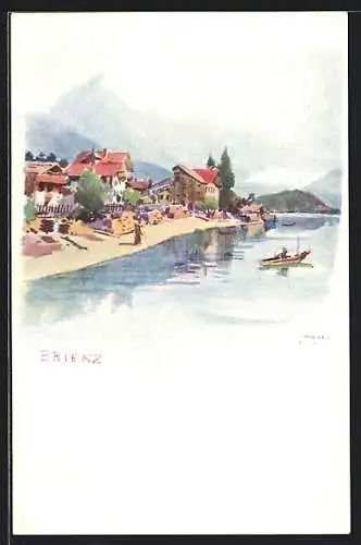 Lithographie Brienz, Uferpartie mit Boot