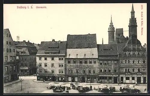 AK Freiberg / Sachsen, Partie am Obermarkt mit Geschäften und Marktständen