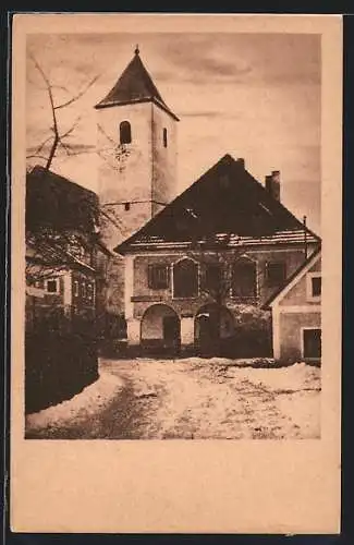 AK Allhartsberg, Strassenansicht mit Kirche im Winter