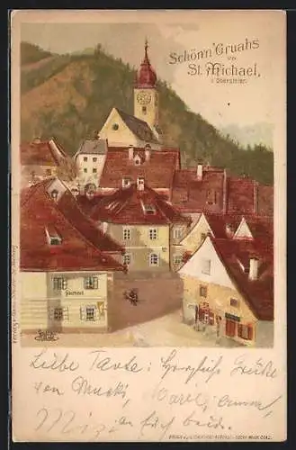 Künstler-AK St. Michael /Obersteiermark, Ortsansicht mit Kirche