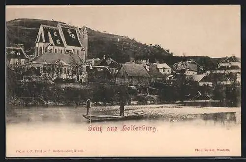 AK Hollenburg an der Donau, Ortsansicht mit Kirche vom Wasser aus gesehen