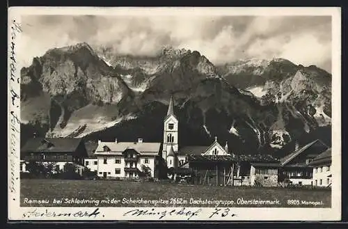 AK Ramsau bei Schladming, Teilansicht mit Kirche und Scheichenspitze