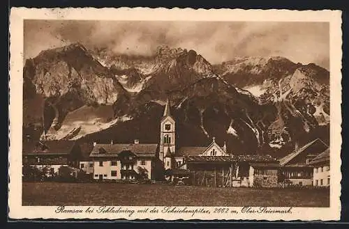 AK Ramsau bei Schladming, Teilansicht mit Kirche und Blick auf die Scheichenspitze