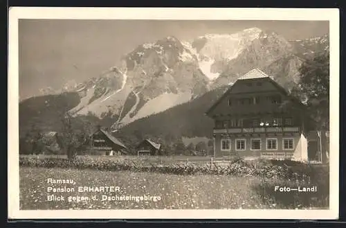 AK Ramsau, Pension Erharter, Blick gegen d. Dachsteingebirge