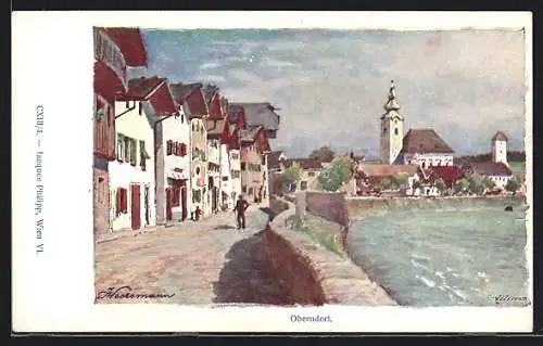 Künstler-AK Oberndorf, Ortsansicht mit Kirche