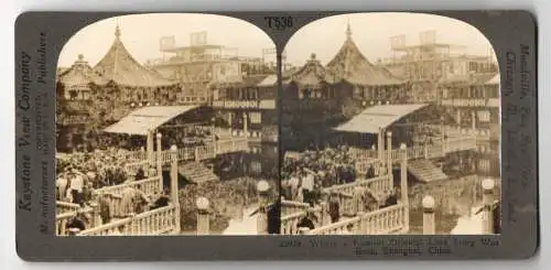 Stereo-Fotografie Keystone View Co., Meadville, Ansicht Shanghai, Blick in die Stadt mit Werbeschildern