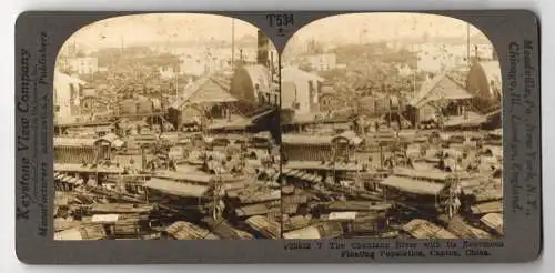 Stereo-Fotografie Keystone View Co., Meadville, Ansicht Canton, the Chukiang River wit its Enormous Floating Population