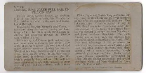 Stereo-Fotografie Keystone View Co., Meadville, Ansicht Manchuria, Chinese Junk under Full Sail on the Yellow Sea