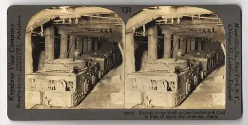 Stereo-Fotografie Keystone View Co., Meadville, Ansicht Scranton / PA., Electric Motor Hauling Cars Loaded with Coal