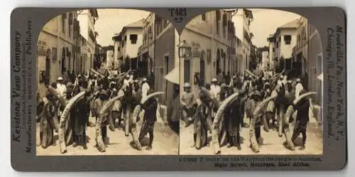 Stereo-Fotografie Keystone View Co., Meadville, Ansicht Mombasa, Ivory on the Way from Jungle to America, Main Street