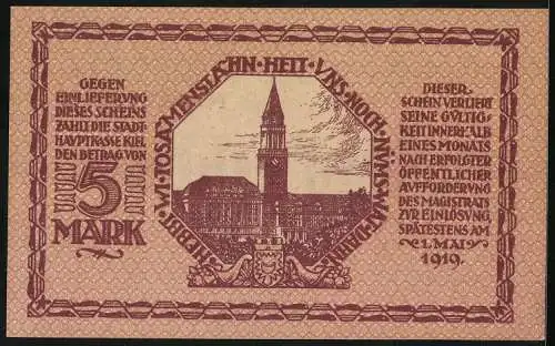 Notgeld Kiel 1918, 5 Mark, Rathaus, Wappen