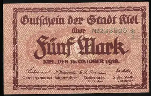 Notgeld Kiel 1918, 5 Mark, Rathaus, Wappen