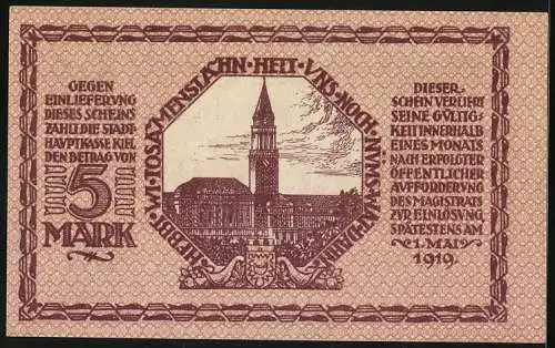 Notgeld Kiel 1918, 5 Mark, Rathaus, Wappen