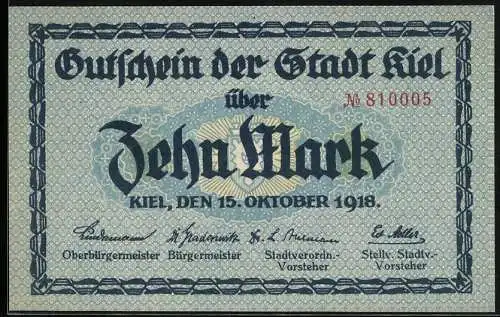 Notgeld Kiel 1918, 10 Mark, Rathaus, Wappen