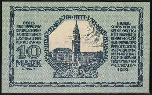 Notgeld Kiel 1918, 10 Mark, Rathaus, Wappen