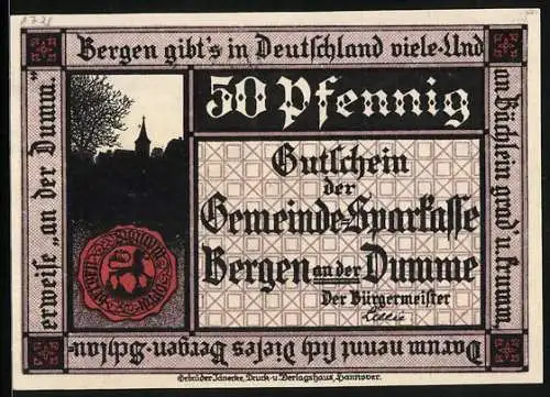 Notgeld Bergen an der Dumme 1922, 50 Pfennig, Ortspartie mit Kirche, Siegel