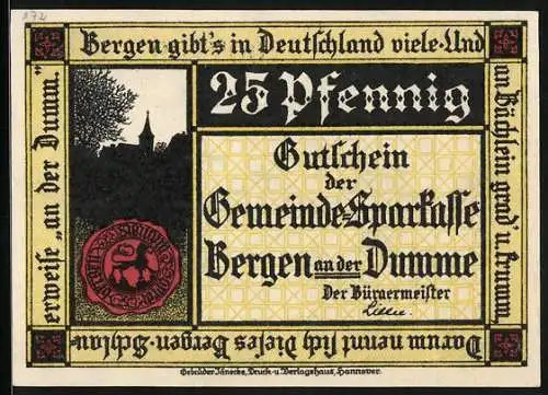 Notgeld Bergen an der Dumme 1922, 25 Pfennig, Ortspartie mit Kirche, Siegel